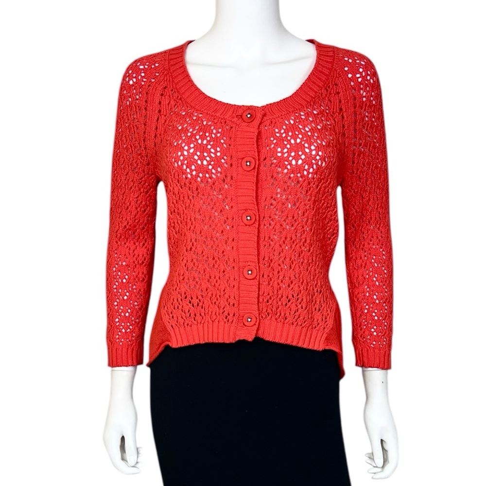 Knitted & Knotted Tethered Pointelle Cardigan in Orange - sz Small - Picture 6 of 14